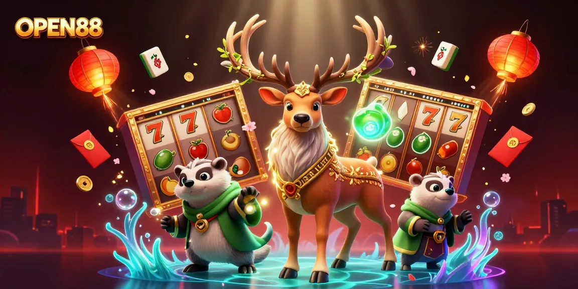 Immerse in the OPEN88 casino adventure with dynamic slot reels, druid stag, and vibrant symbols.