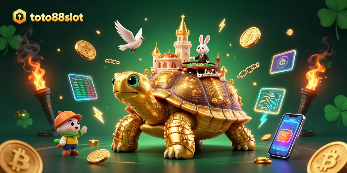 Engage with thrilling toto88slot gaming, featuring vibrant 3D elements of a golden tortoise casino.