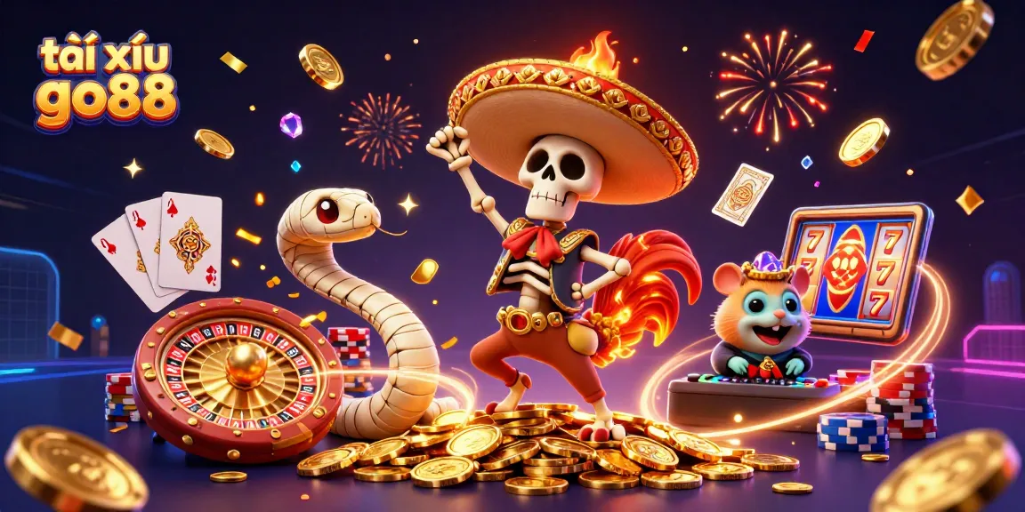 Engage in tài xỉu go88 as the dancing skeleton rooster celebrates over golden coins while vibrant casino elements surround.