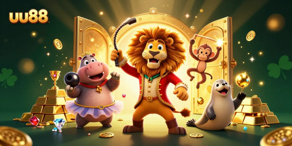 Experience thrilling gambling at uu88 with a vibrant circus-themed illustration showcasing excitement and luxury.