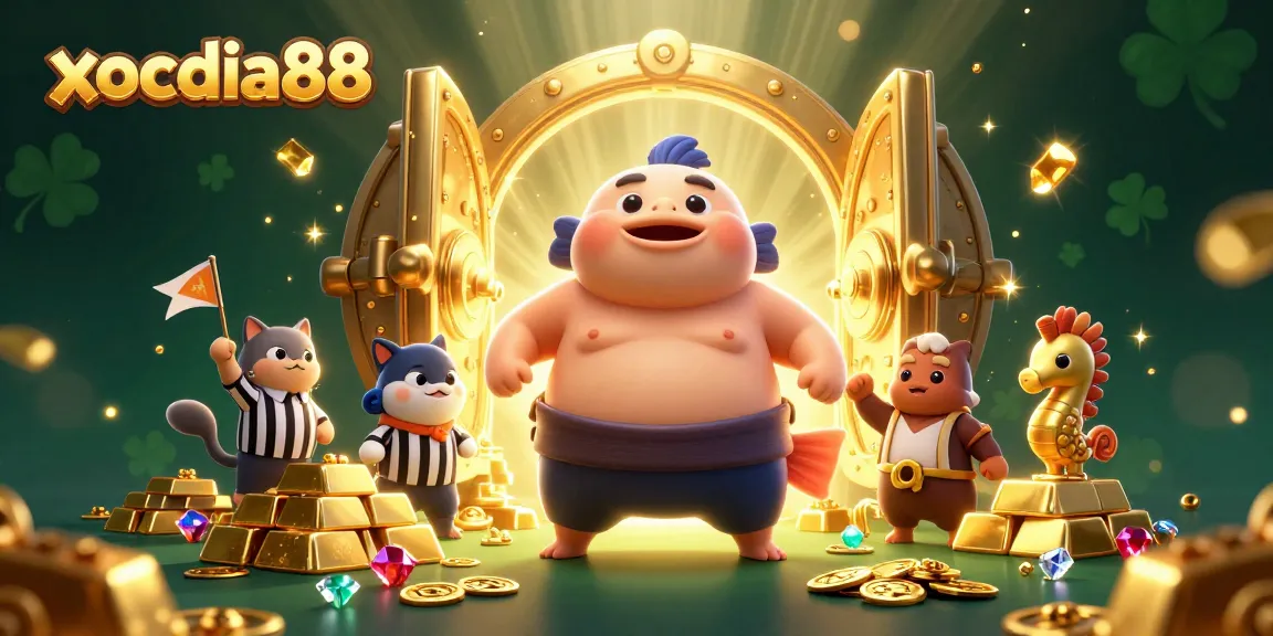 xocdia88 showcases a dynamic underwater casino scene with a fugu fish, catfish referee, and seahorse fans.