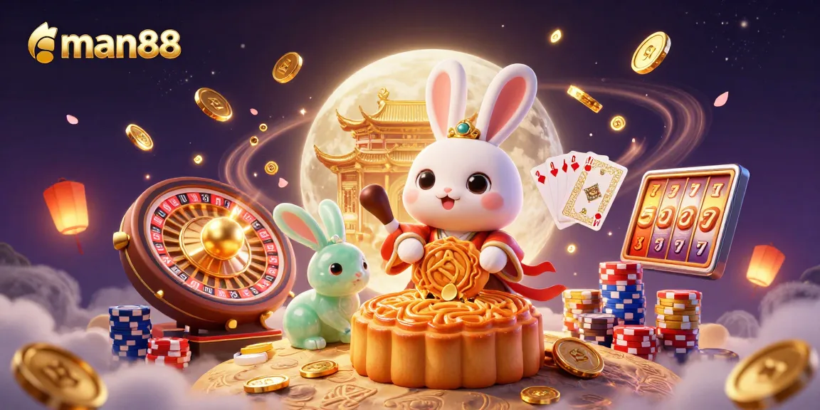 Experience man88's vibrant casino world featuring a moon rabbit and poker chips.