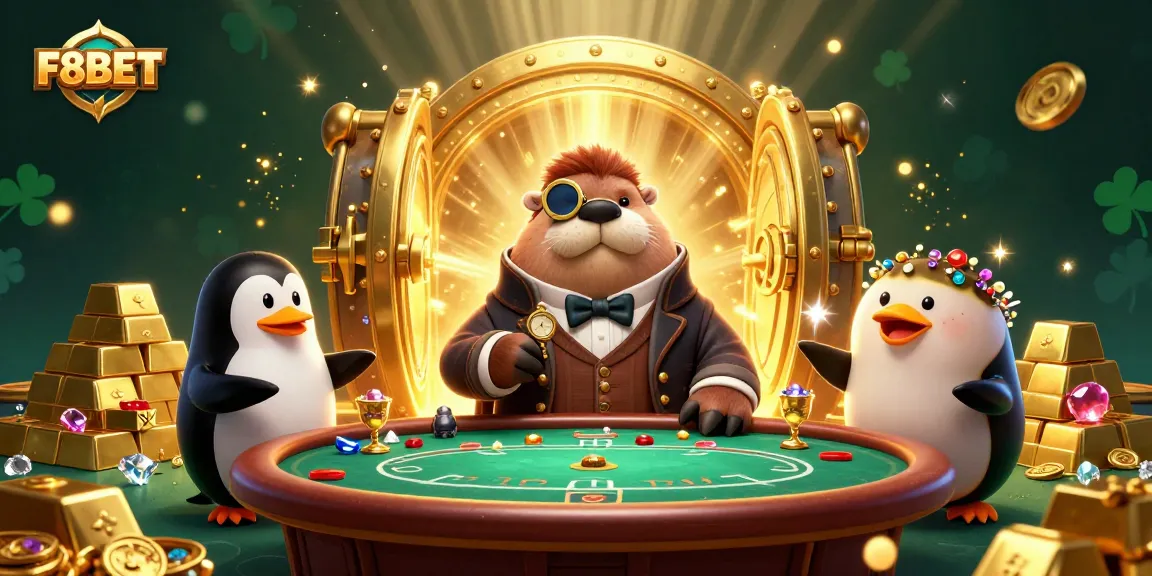 Join the fun at F8BET with a jolly walrus, penguin dealer, and pufferfish player in a vibrant underwater poker scene.