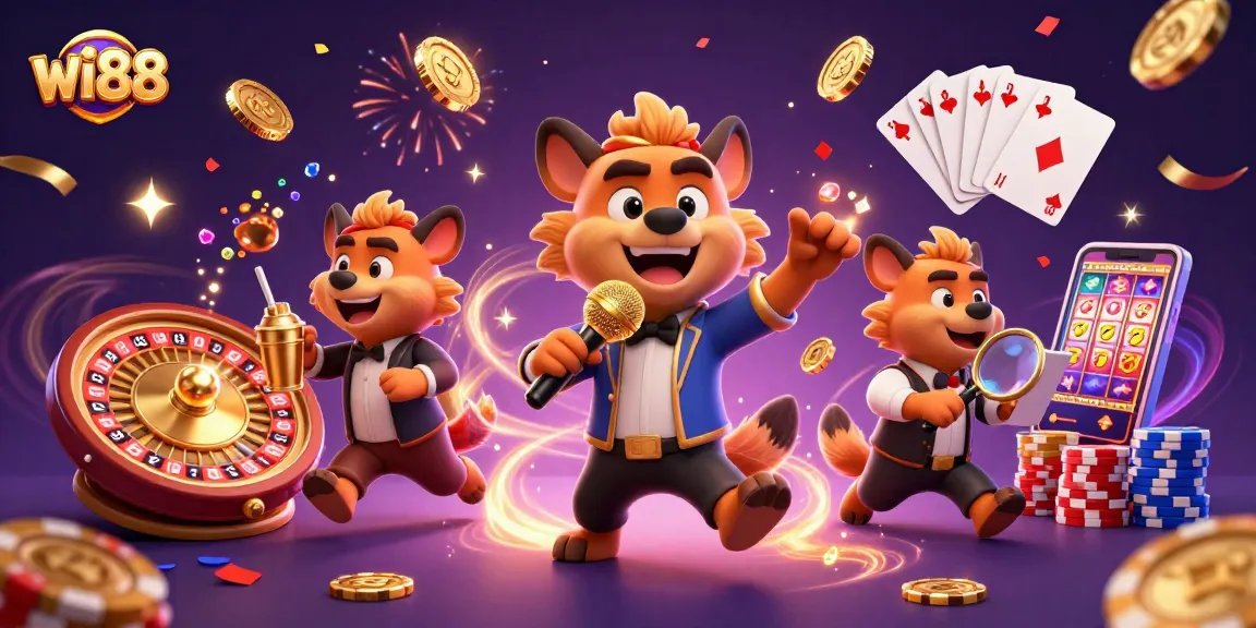 Experience thrilling gambling with wi88 at a lively comedy casino featuring hyena characters.