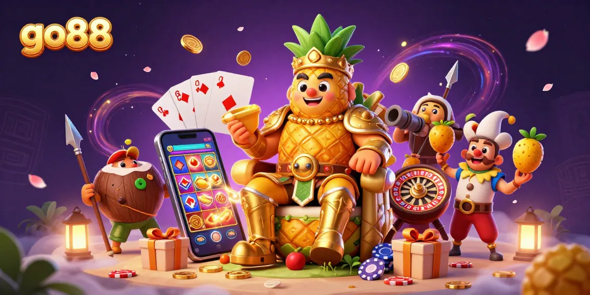 Experience the vibrant world of go88 as the golden pineapple king presides over an exciting casino scene.