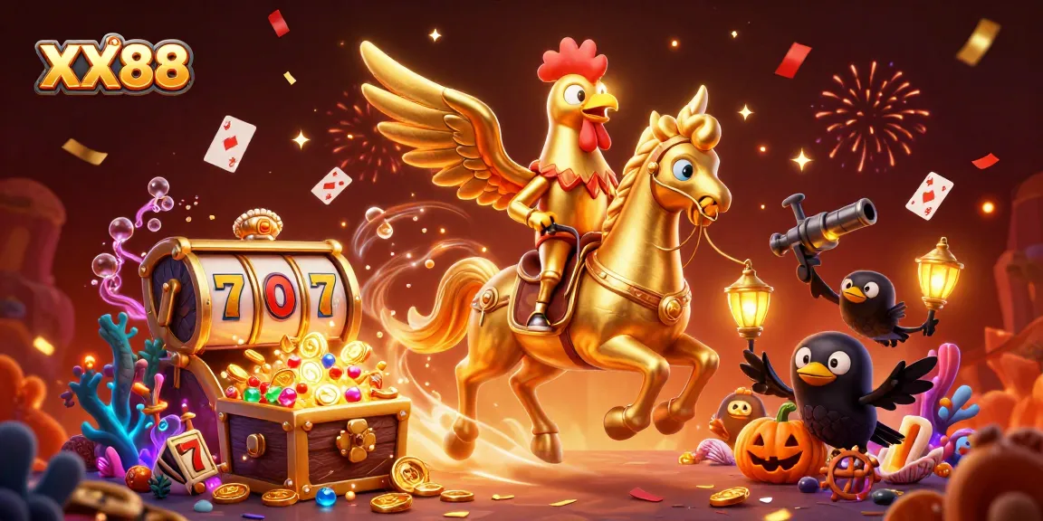 Experience the excitement of winning big at XX88's casino with golden rooster and enchanting characters.