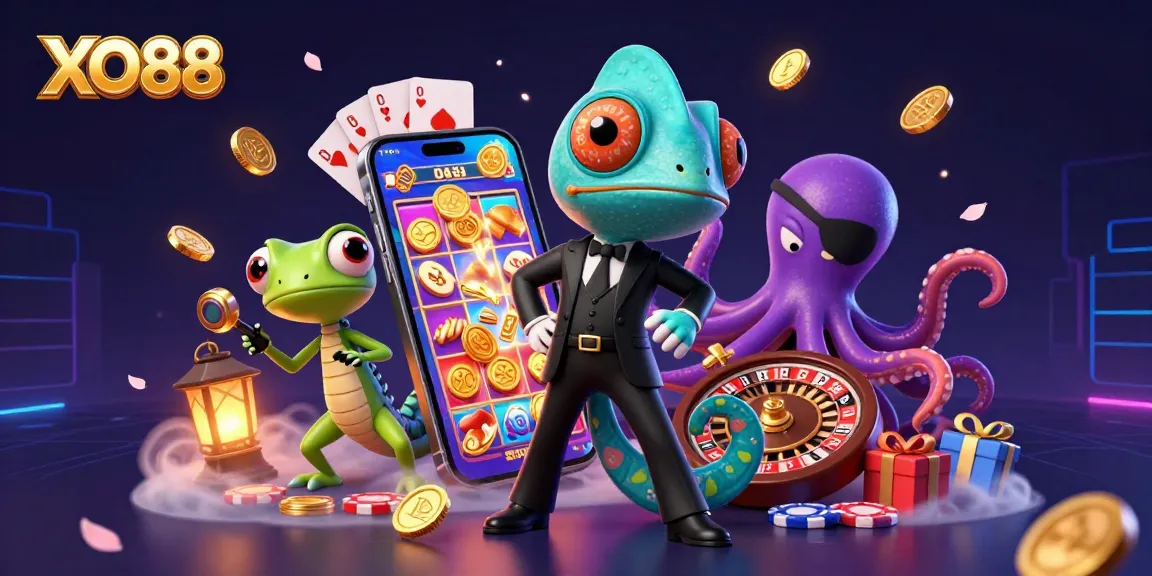 XO88 features a vibrant scene with characters and action from the online casino world, packed with gaming elements.