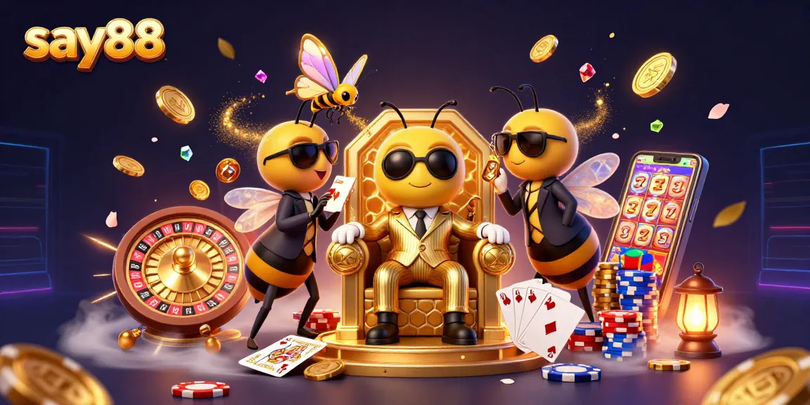 Experience excitement at say88's casino with golden coins and thrilling games in a vibrant scene.