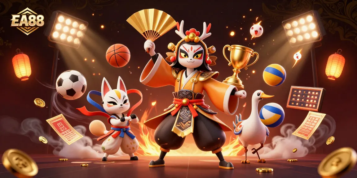 Engage in thrilling bets at EA88 with a vibrant 3D illustration celebrating sports and gaming.