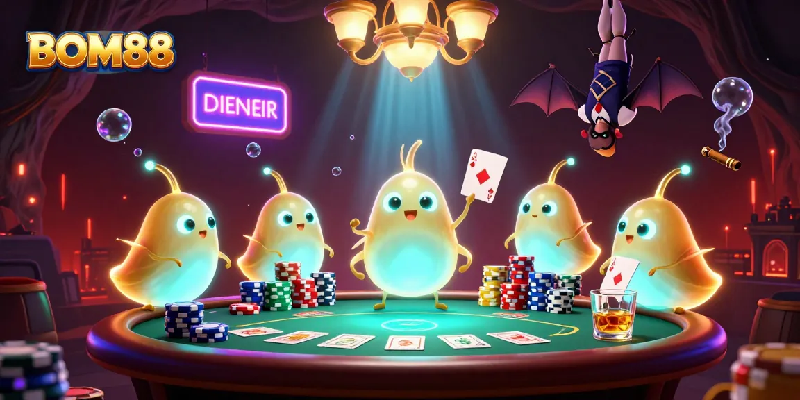 BOM88's vibrant casino scene featuring glowing worm characters and poker elements in a captivating atmosphere.