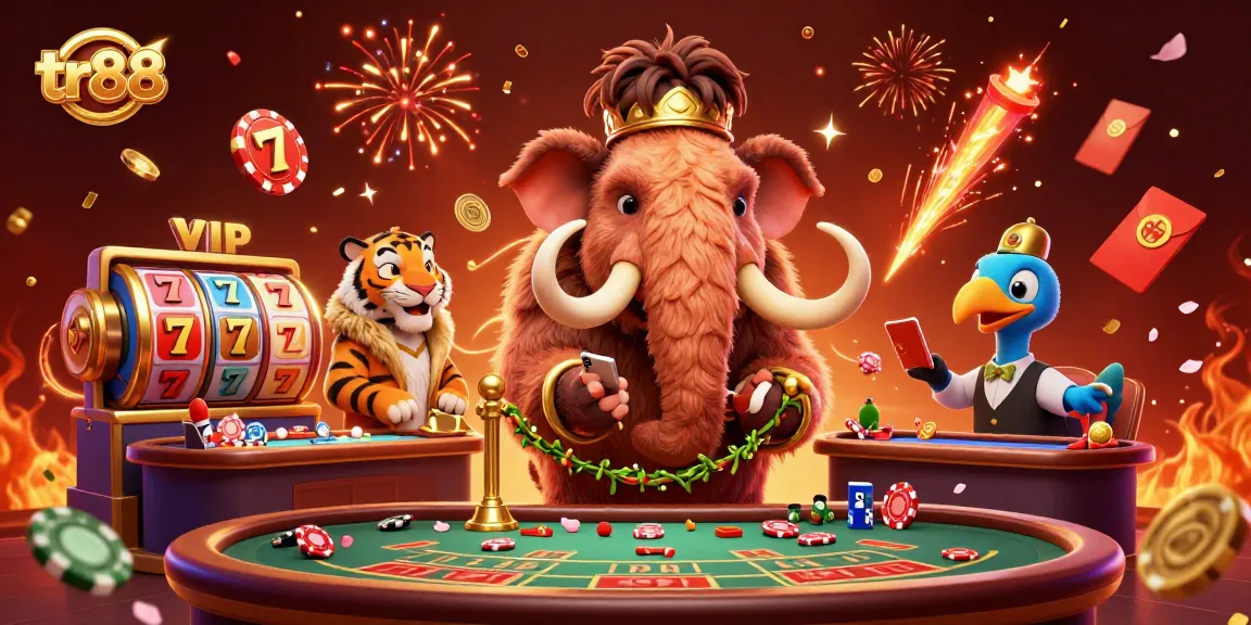 tr88's vibrant casino scene showcasing a stylish mammoth bouncer, VIP saber-tooth tiger, and dodo bird doorman surrounded by festive gaming elements.