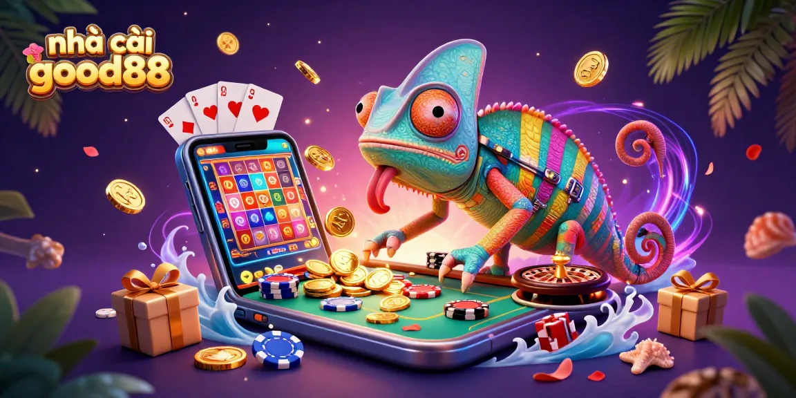 Experience the thrill at nhà cái good88 with a vibrant casino scene featuring a colorful chameleon owner and dynamic game elements.