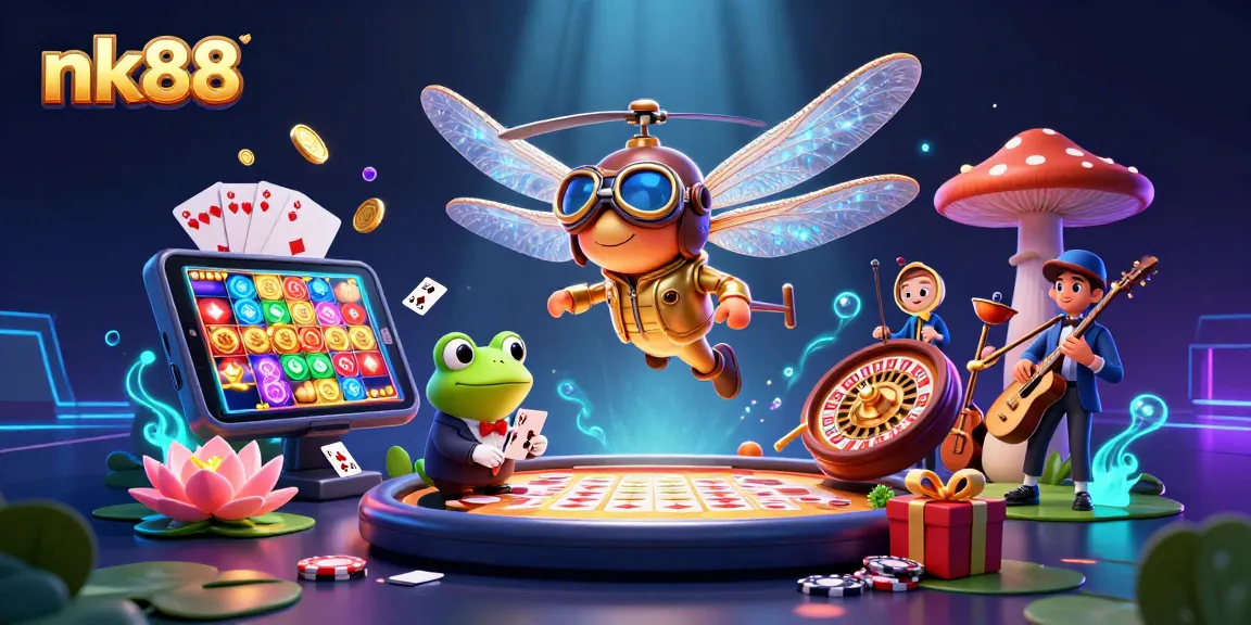 Discover thrilling gameplay at nk88 with a cartoon dragonfly pilot and frog dealer depicted in vibrant 3D illustration.