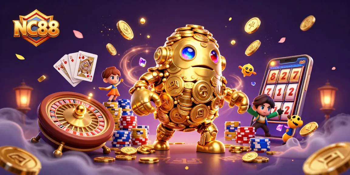 Experience the thrill of NC88 with dynamic golden golem and casino symbols amidst cascading coins and vibrant energy.