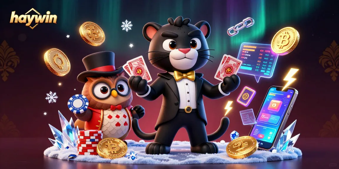 Join the fun at Haywin's online casino with a stylish panther dealer, owl with poker chips, and lucky mouse!