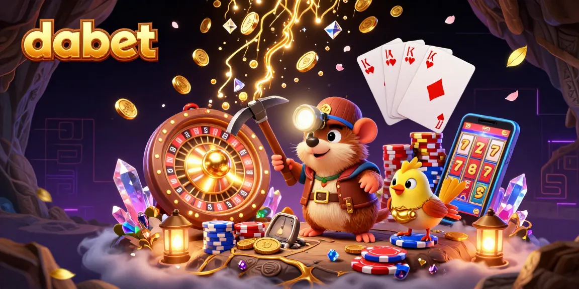 dabet players engaging with a vibrant treasure cave, spinning roulette, and cascading coins.