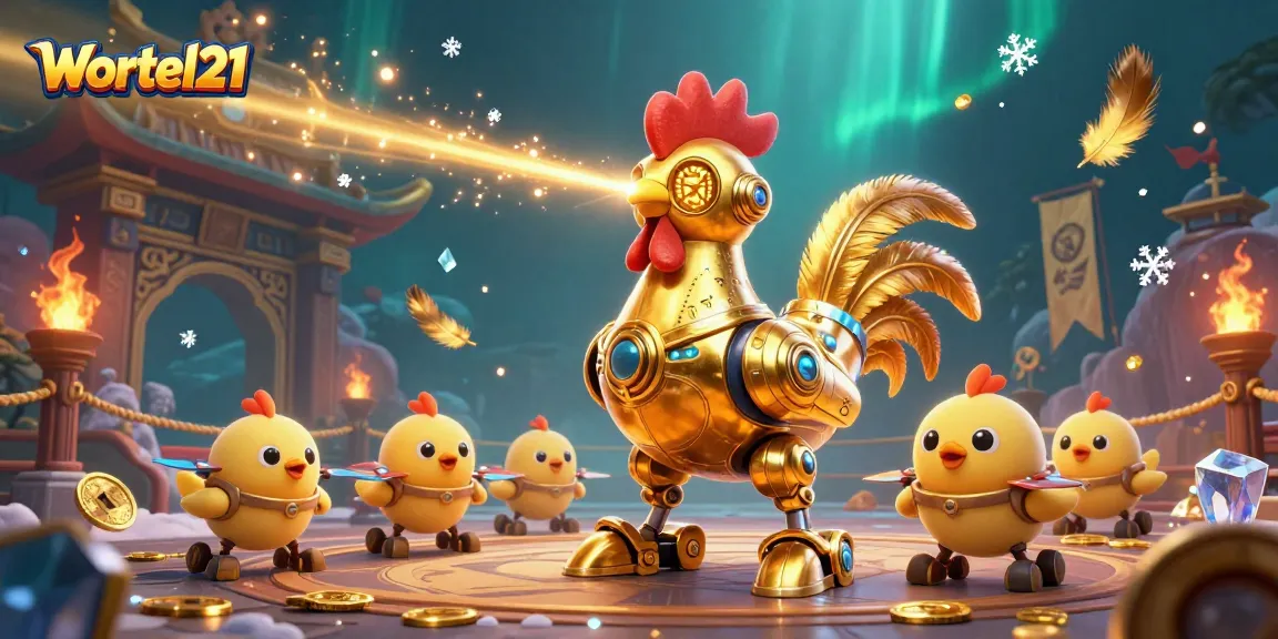 Experience thrilling bets with Wortel21's dynamic golden rooster robot in a vibrant casino arena.