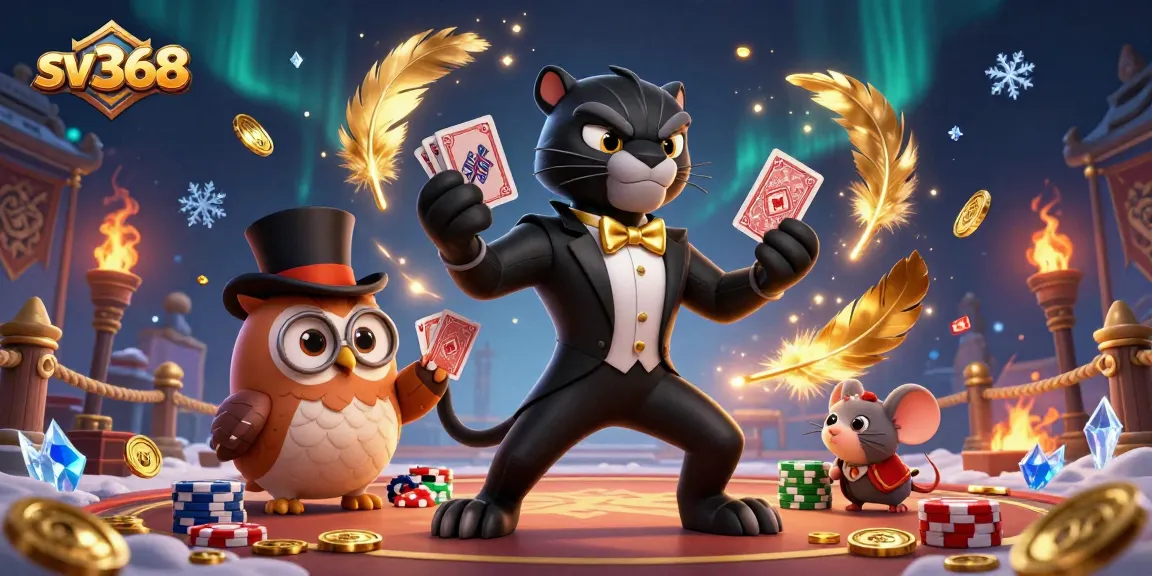 sv368 features a black panther dealing cards in a festive casino scene surrounded by poker elements.