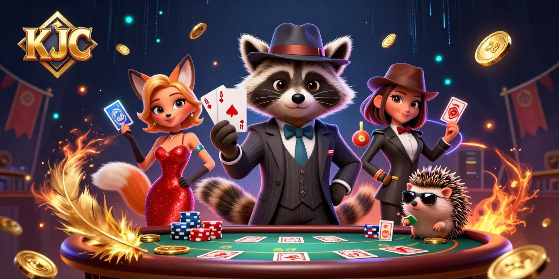 KJC engages players in an exciting poker atmosphere featuring vibrant characters in a glamorous casino setting.