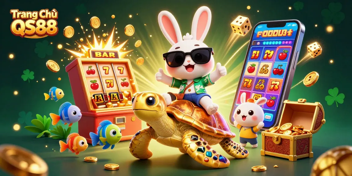 Experience endless fun at Trang Chủ QS88 with a lucky rabbit and golden sea turtle amidst vibrant casino elements.