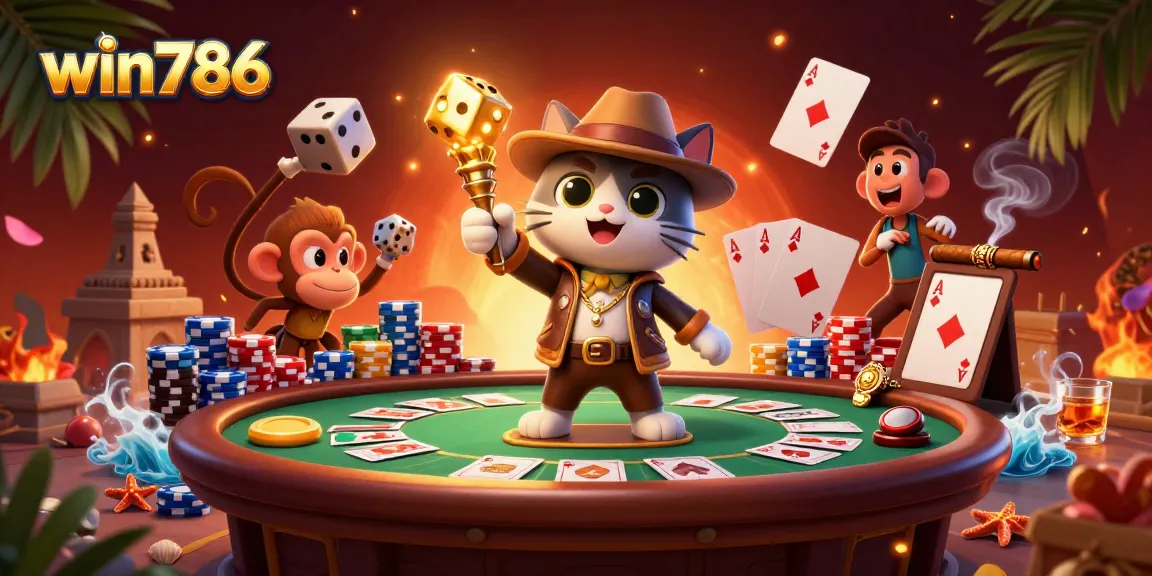 win786 offers engaging card gameplay with a 3D archaeologist cat and companion in a casino setting.