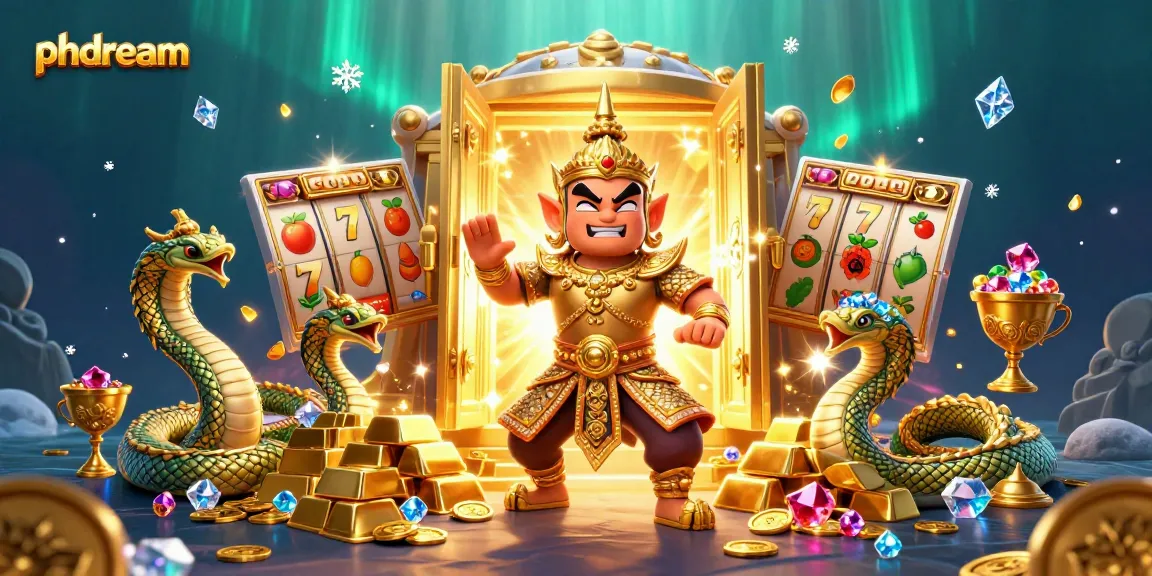 Experience the excitement at phdream with a vibrant 3D illustration showcasing slot reels and treasure.