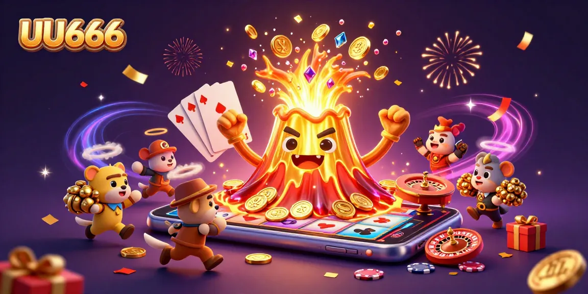 Experience the exciting UU666 treasure with an erupting volcano and vibrant casino elements.