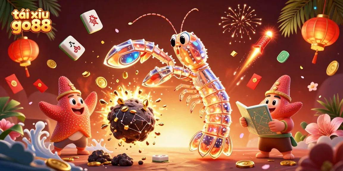 Engage with tài xỉu go88 in a captivating 3D scene of a mantis shrimp and starfish amidst vibrant casino elements.