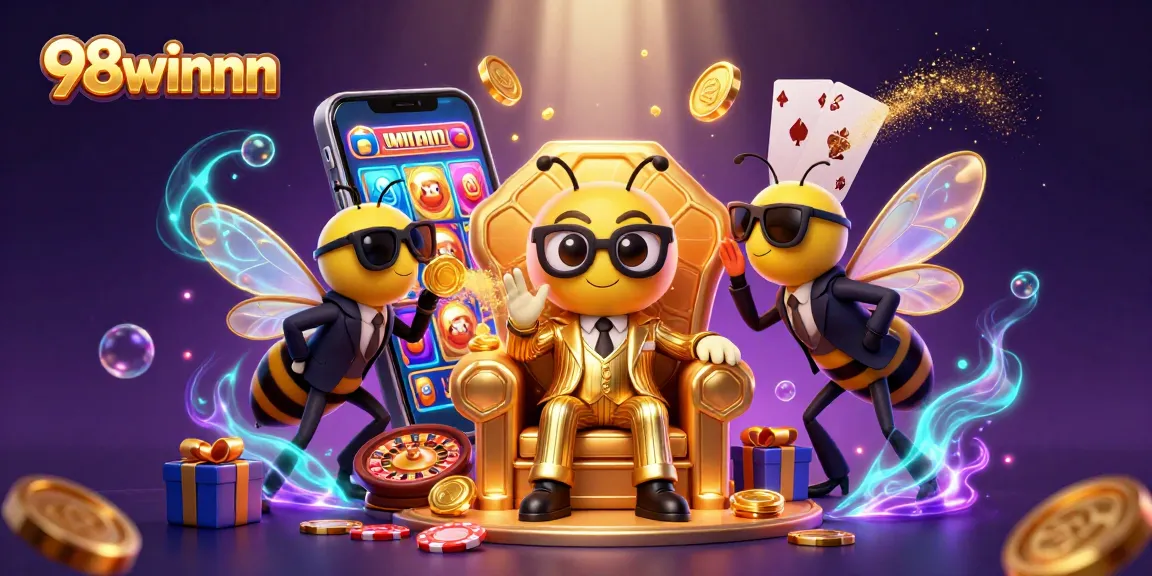 Engage with 98winnn in this vibrant casino scene featuring a bumblebee mob boss and slot games.