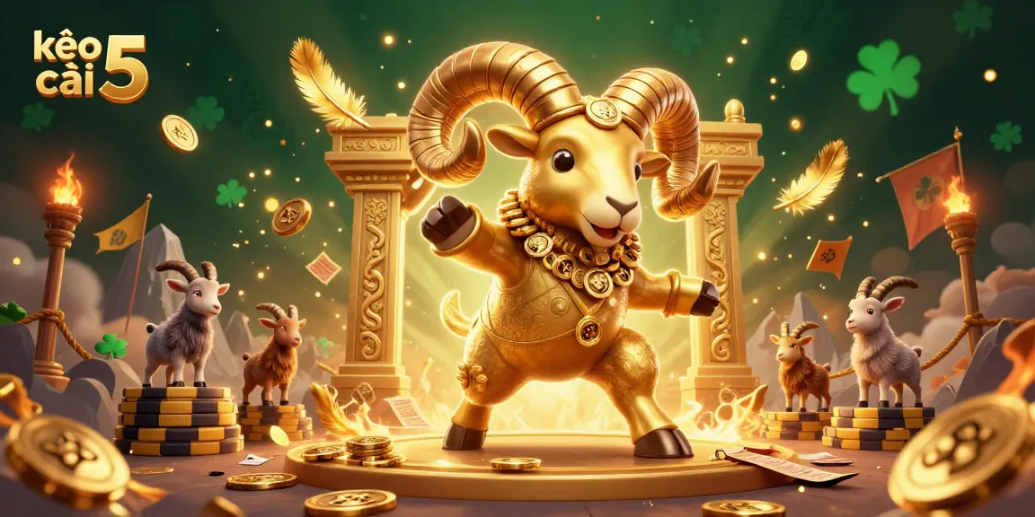 Engage with kèo nhà cái 5 as a golden ram charges through sports betting elements in a vibrant scene.