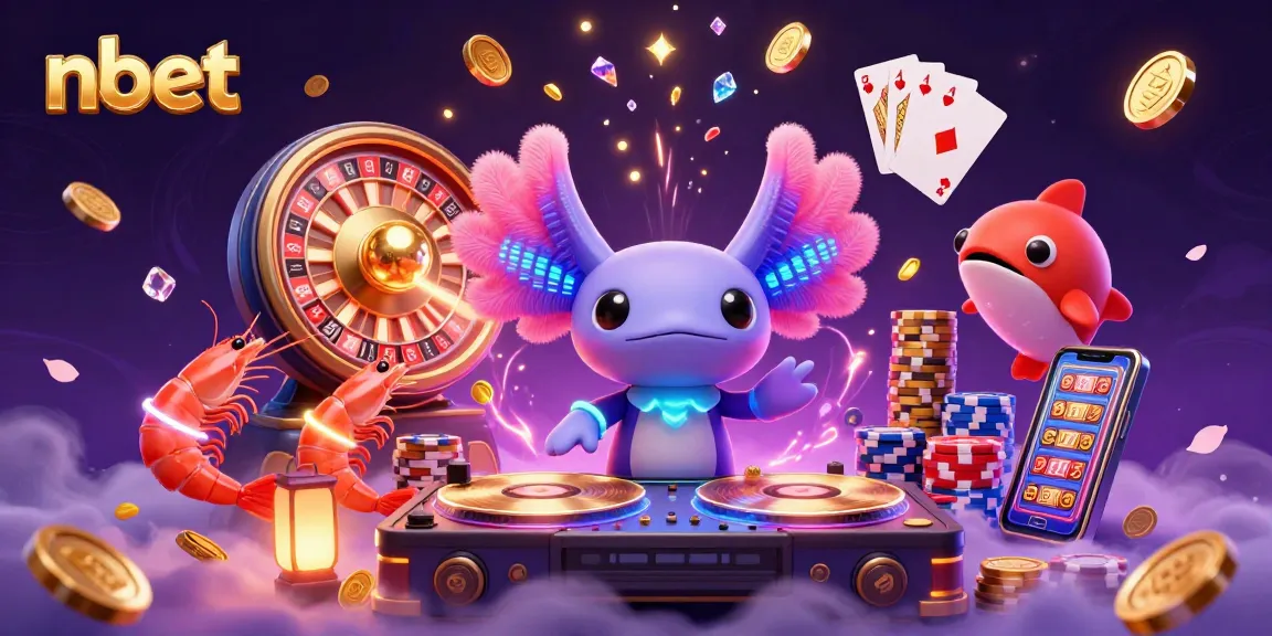 Experience the vibrant nbet casino world with a neon axolotl DJ and lively gaming elements.
