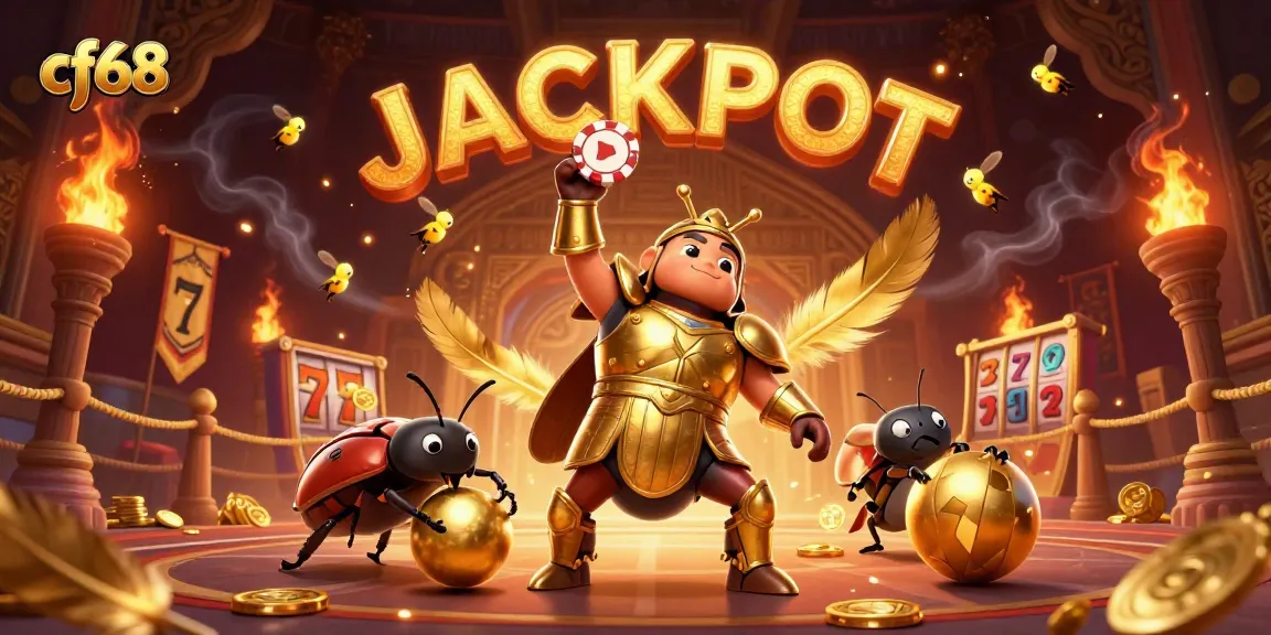 Engage with cf68's thrilling casino experience featuring a victorious beetle and dynamic jackpot elements.