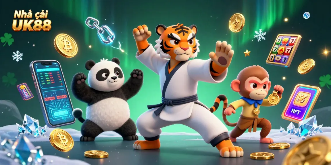 Engage with Nhà cái UK88 as a kung fu tiger master embodies advanced gaming strategies in a vibrant casino scene.