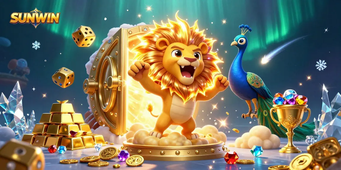 Experience exhilarating wins at SUNWIN with the roaring sun lion and golden treasures in this vibrant casino illustration.