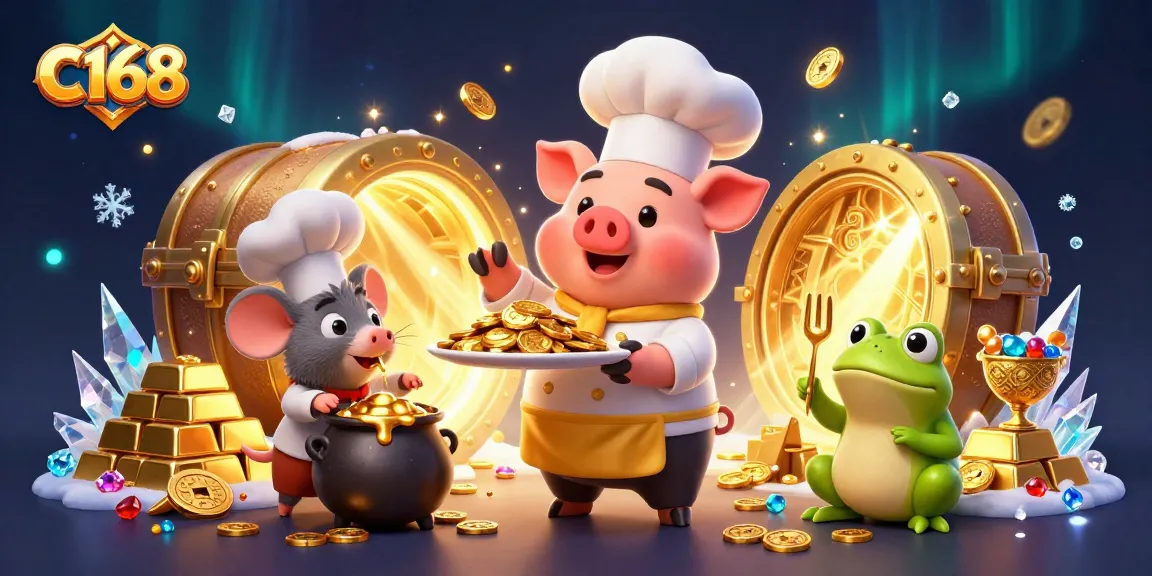 C168 showcases a 3D cartoon pig chef presenting gold coins, surrounded by treasure and gambling symbols.