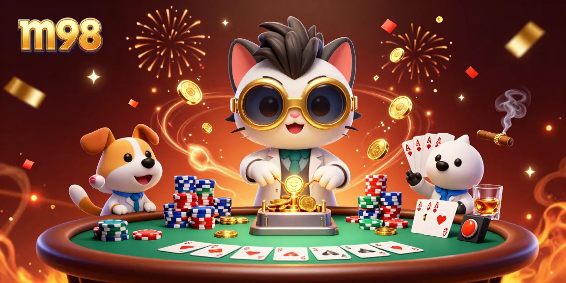 Experience the thrill of m98 gambling with a mad scientist cat and his dog assistant at a poker table.