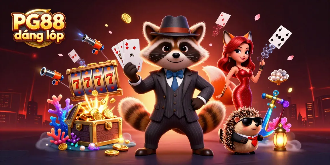 Experience PG88 đăng nhập with a charming raccoon in a pinstripe suit winning a royal flush amid game elements.
