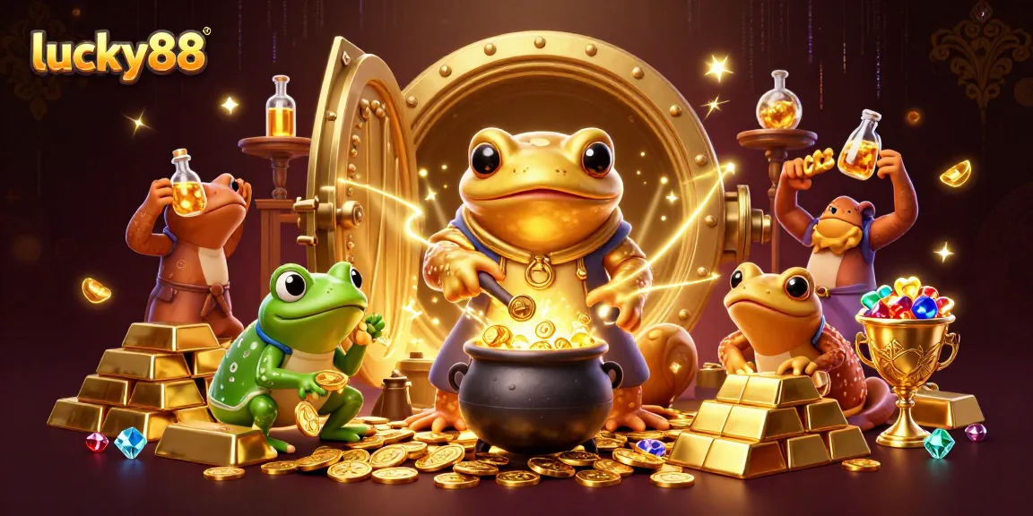 Boost your gameplay at lucky88 with a vibrant scene of a golden alchemist and frog pouring treasures.