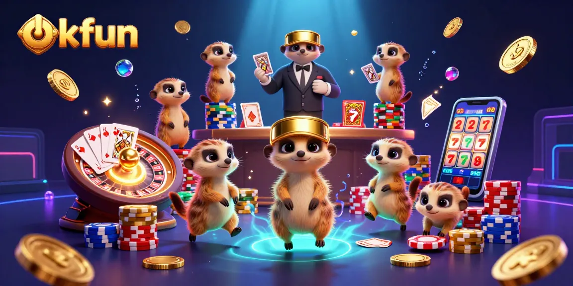Experience excitement with okfun in a lively cartoon casino scene featuring meerkats.