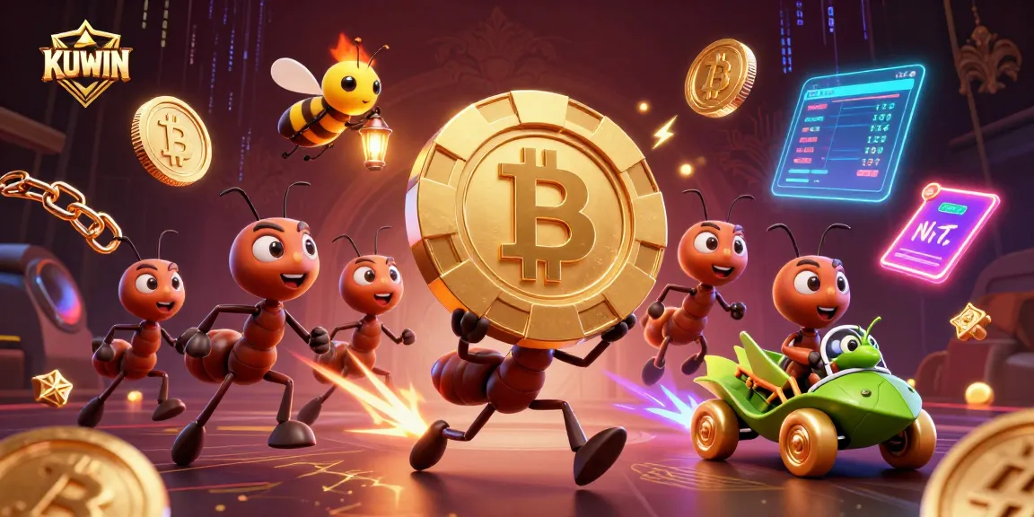Experience the thrill of KUWIN with cartoon ants heisting a giant poker chip in a vibrant, crypto-themed casino scene.