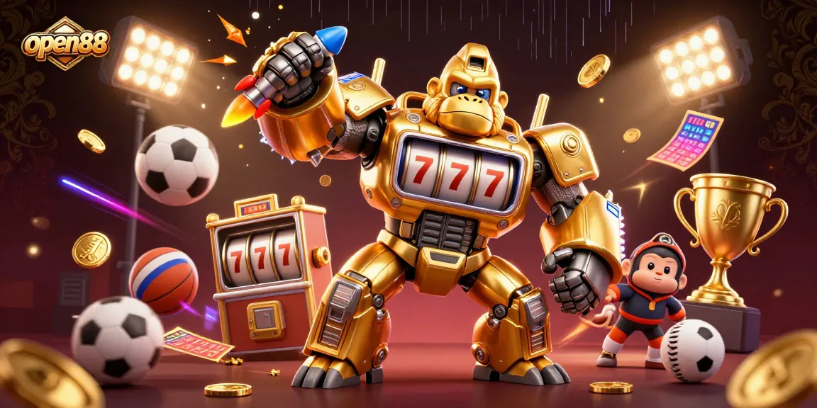 Spin to win at open88 with an ultra-detailed 3D golden gorilla mech amidst a vibrant casino scene.