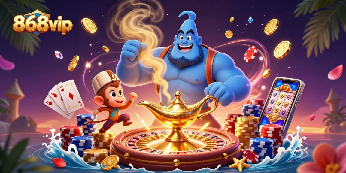 Engage in thrilling experiences at 868vip, where a genie, monkey, and magic carpet bring casino excitement to life.