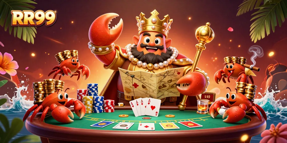 Engage with the RR99 casino experience featuring a golden crab emperor amidst vibrant poker elements.