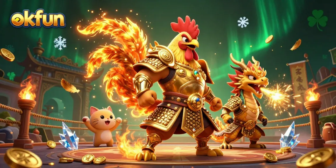 Experience exhilarating gameplay at okfun with a fierce rooster warrior and armored dragon in a dynamic gambling arena.
