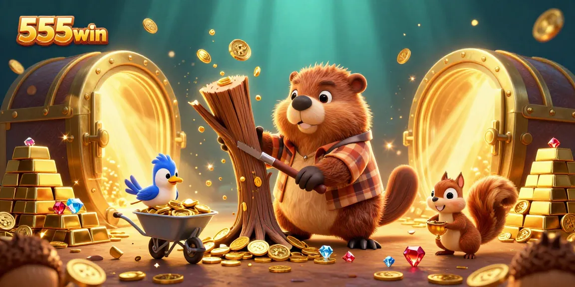 Experience the thrill at 555win with a vibrant scene of a lumberjack beaver collecting golden coins.