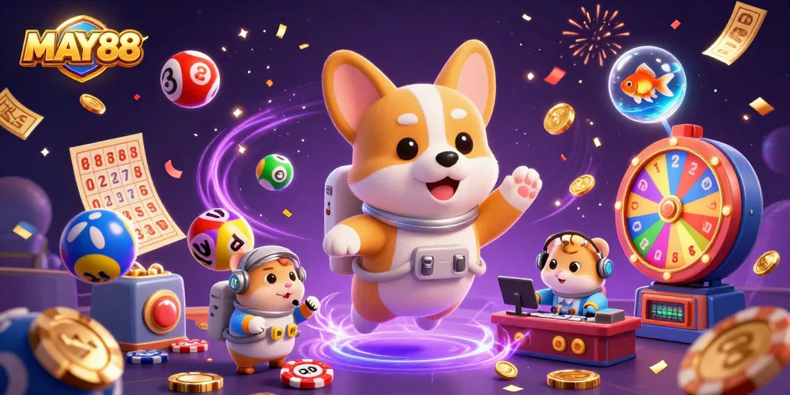 MAY88 showcases a captivating space casino experience with engaging characters and thrilling lottery elements.