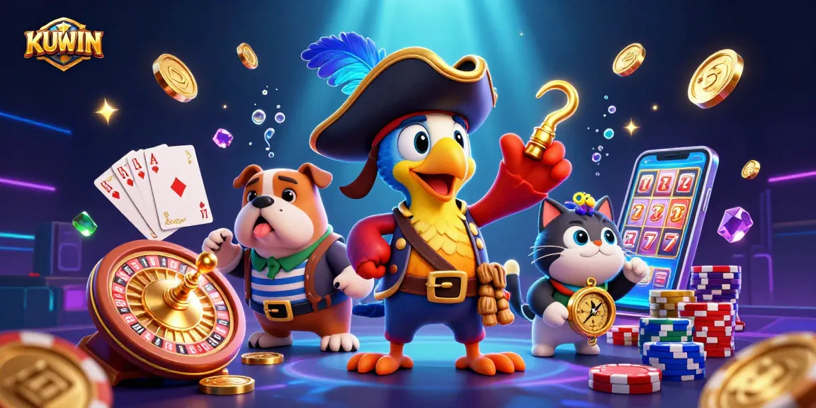 Engage with KUWIN in a vibrant casino scene filled with gold coins and gaming elements.