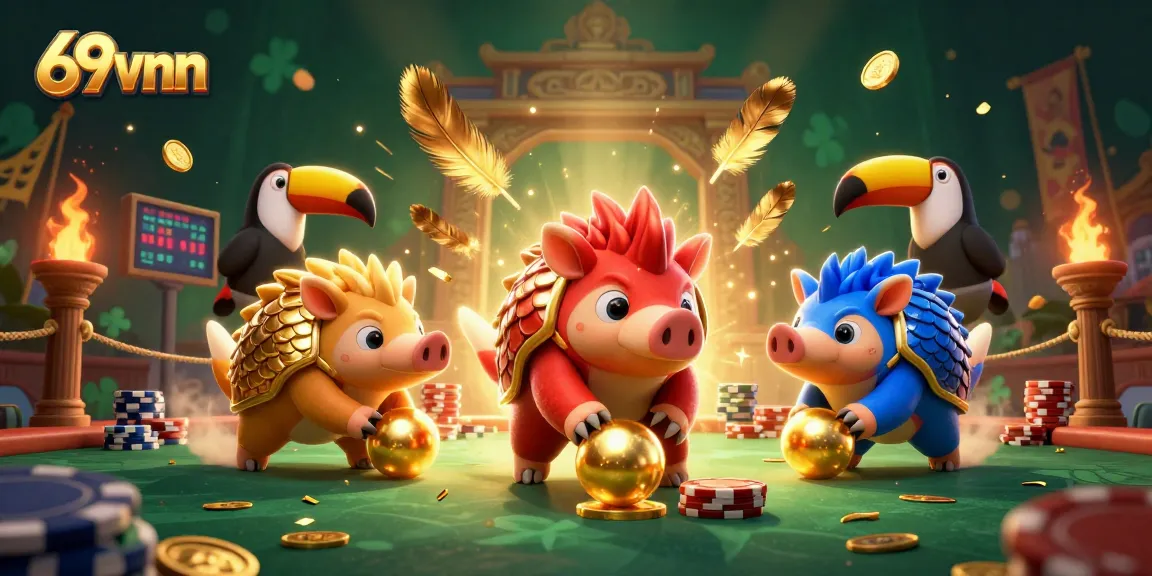 Rival pangolins in a dynamic casino scene, bowling through poker chips at 69vnn.