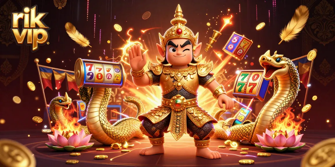 Engage in exciting slot action with rik vip's vibrant illustration featuring mystical guardians and golden treasures.