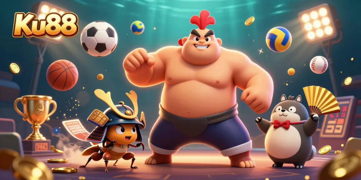 Experience thrilling betting with Ku88, featuring a powerful sumo wrestler and dynamic sports elements.